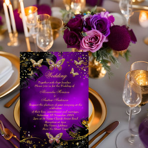 Invitation Mariage papillon violet or noir scintillant
