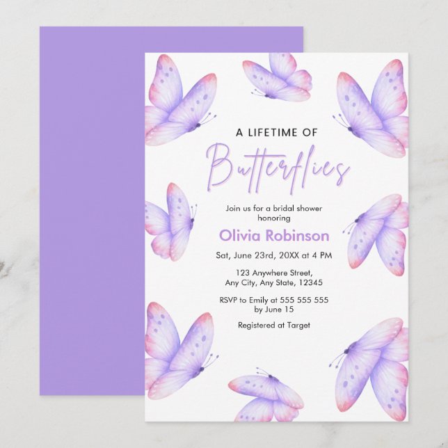 Invitation Mariage papillons à vie Shower Violet  (Devant / Derrière)