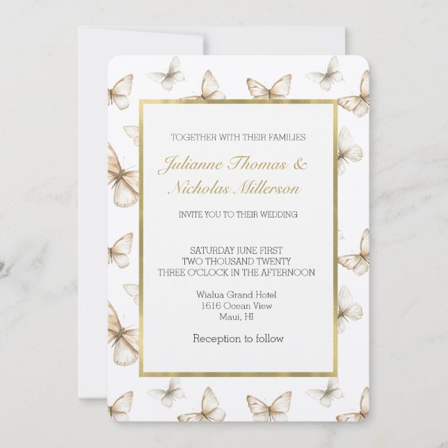 Invitation Mariage Papillons Blanc Crème Or Chic   (Devant)