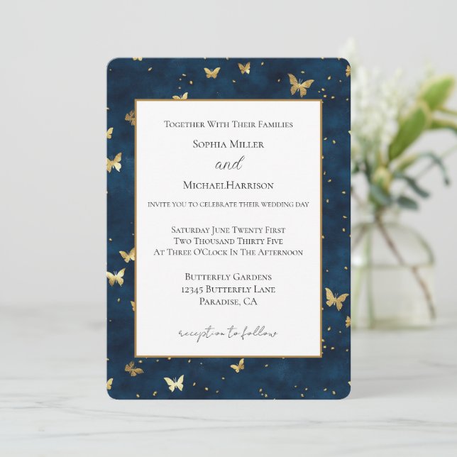 Invitation Mariage Papillons Bleu Or (Debout devant)