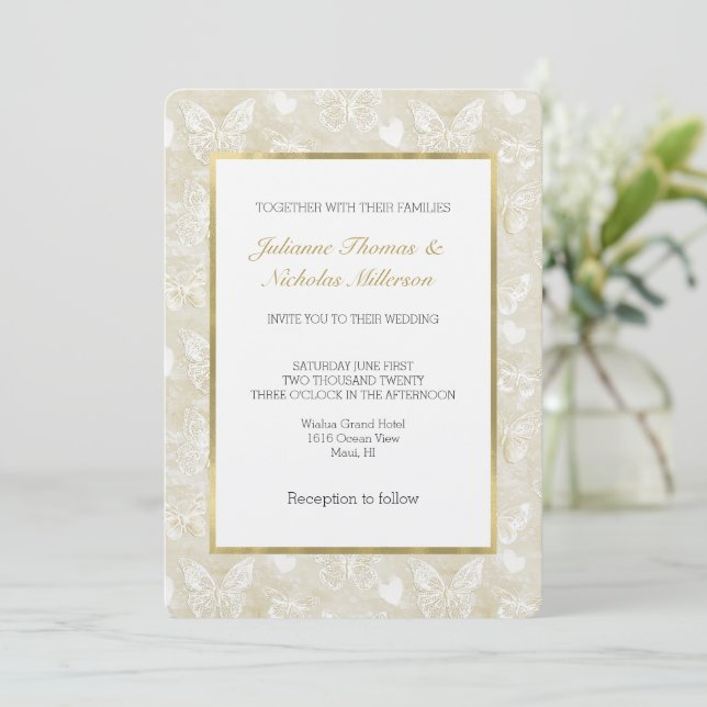 Invitation Mariage Papillons Cœurs Blanc Crème Romantique (Debout devant)