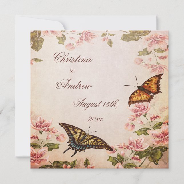 Invitation Mariage Papillons & Fleur d'amandier Vintage (Devant)