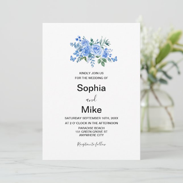 Invitation Mariage Papillons Floraux Aquarelle Bleue (Debout devant)