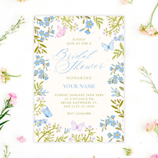 Invitation Mariage papillons floraux bleus (Créateur téléchargé)