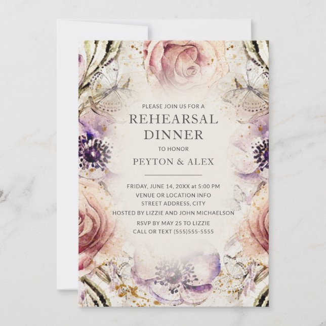 Invitation Mariage papillons floraux rose blush violet crème (Devant)