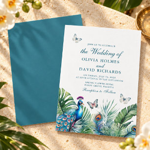 Invitation Mariage Papillons Plumes de Paon Tropical