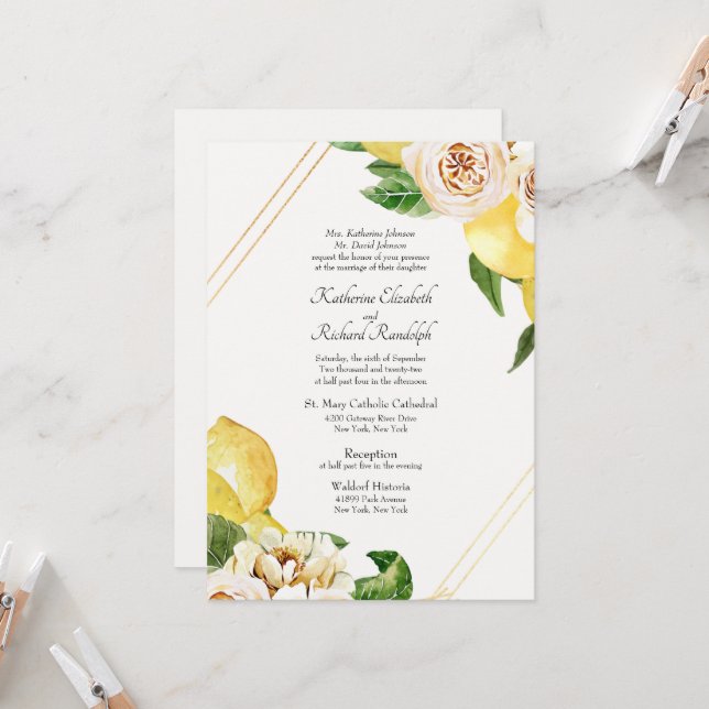 Invitation Mariage Parents Crème Citrons & Pivoines Formel (Devant/Arrière en situation)