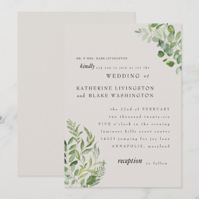 Invitation Mariage Parents de la Mariée Crème de Feuillage Mo (Devant / Derrière)