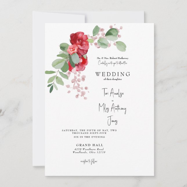 Invitation Mariage Parents de la Mariée Fleurs Rouges Eucalyp (Devant)