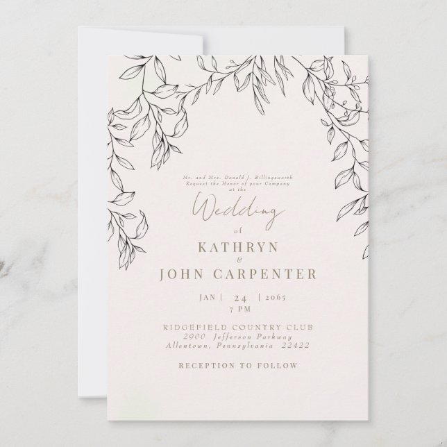 Invitation Mariage Parents de la Mariée Texte Feuillage Doré (Devant)