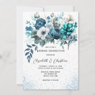 Invitation Mariage Parties scintillant  Peony bleu et Turquoi