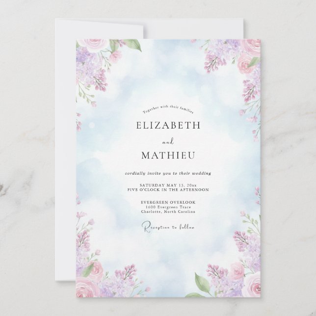 Invitation Mariage Pastel Améthyste Pivoine (Devant)