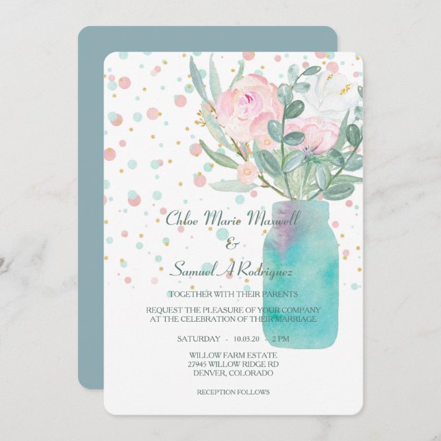 Invitation Mariage Pastel Confetti Mason Jar Fleurs (Devant / Derrière)