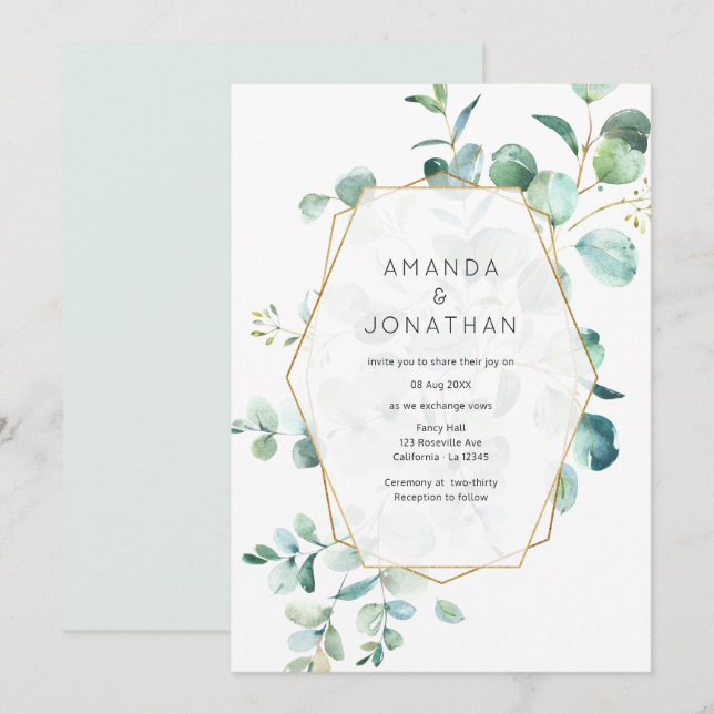 Invitation Mariage Pastel Eucalyptus Géométrique Verdure (Devant / Derrière)