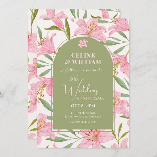 Invitation Mariage pastel floral lily rose vert (Devant / Derrière)