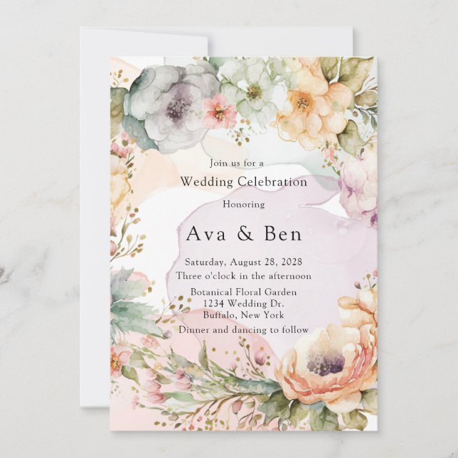 Invitation Mariage Pastel Florals et Encre d'alcool (Devant)