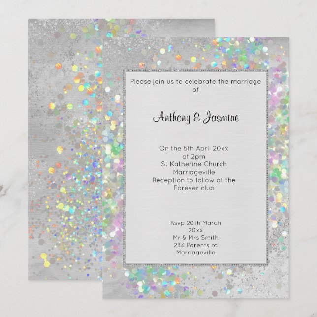 INVITATION MARIAGE PASTEL HOLOGRAPHIQUE EN MARBRE D'ARGENT BR (Devant / Derrière)