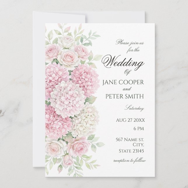 Invitation Mariage pastel hydrangeas et roses Budget (Devant)