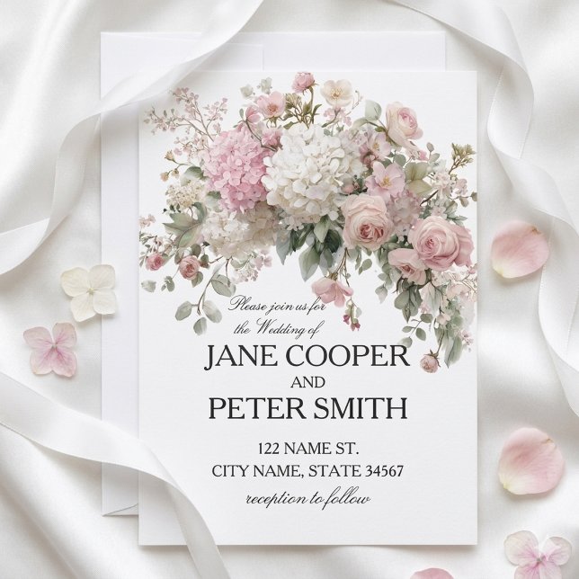 Invitation Mariage pastel hydrangeas et roses Budget (Créateur téléchargé)