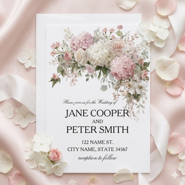 Invitation Mariage pastel hydrangeas et roses Budget (Créateur téléchargé)