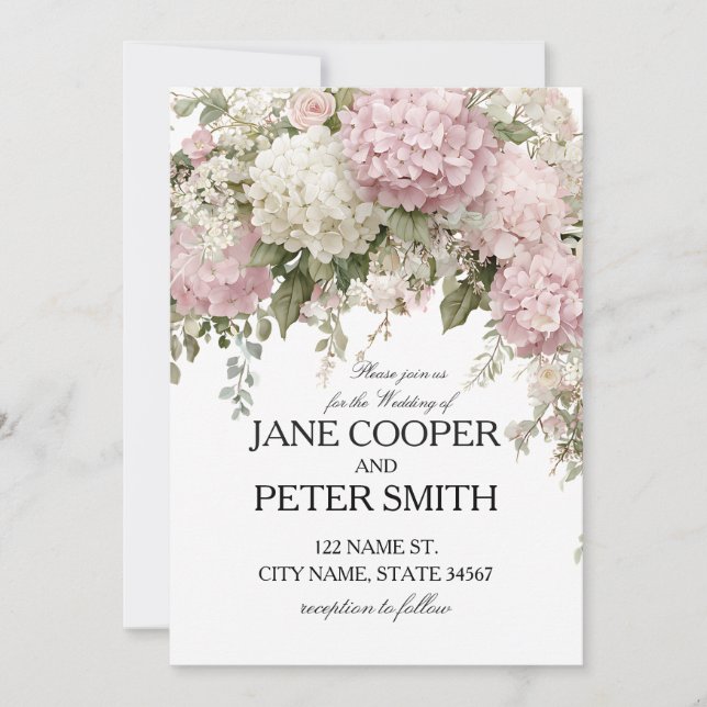 Invitation Mariage pastel hydrangeas et roses Budget (Devant)