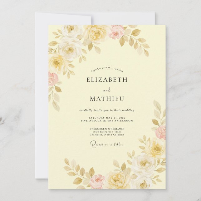 Invitation Mariage Pastel Jaune Floral Embrassant (Devant)