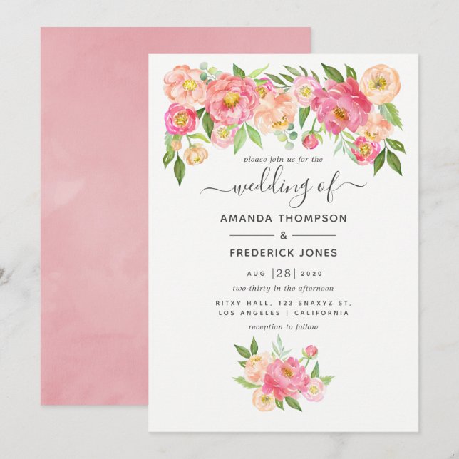 Invitation Mariage Pastel Pink Watercolor Peonies (Devant / Derrière)