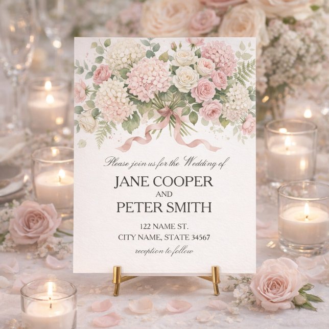 Invitation Mariage pastel rose hydrangeas et roses Budget (Créateur téléchargé)