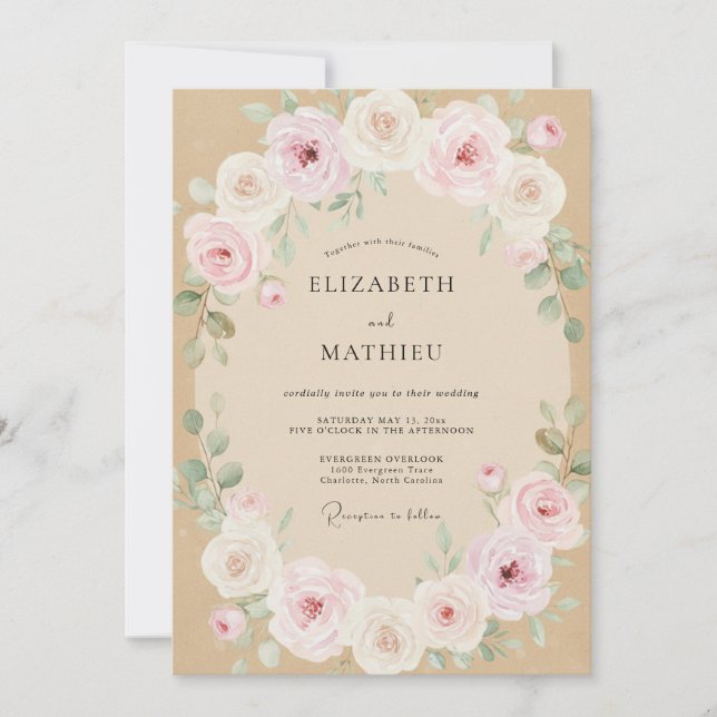 Invitation Mariage Pastel Rose Pétale Champagne (Devant)