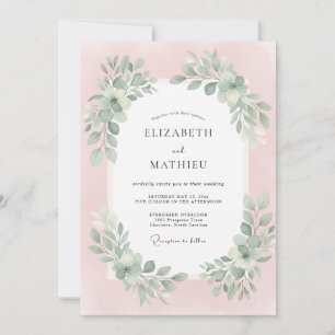 Invitation Mariage Pastel Rose Poussiéreux aux Feuilles