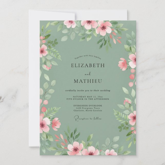Invitation Mariage pastoral de printemps vert sauge (Devant)