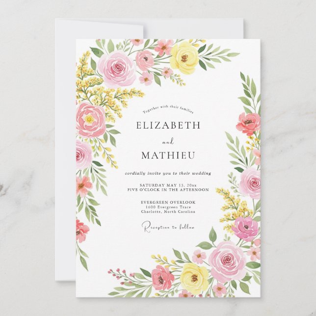 Invitation Mariage pastoral rose de printemps (Devant)