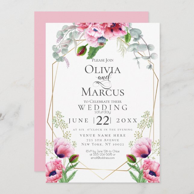 Invitation MARIAGE | Pavois roses et feuillage (Devant / Derrière)