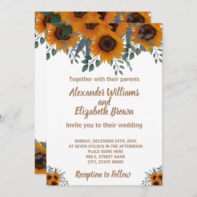 Invitation Mariage Pays Chic Tournesols Verdure (Devant / Derrière)