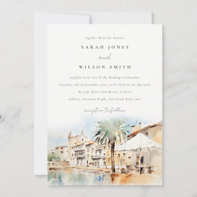 Invitation Mariage Paysage Aquarelle Majorque Espagne (Devant)
