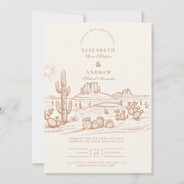 Invitation Mariage Paysage Désertique Boho Occidental de Cact (Devant)