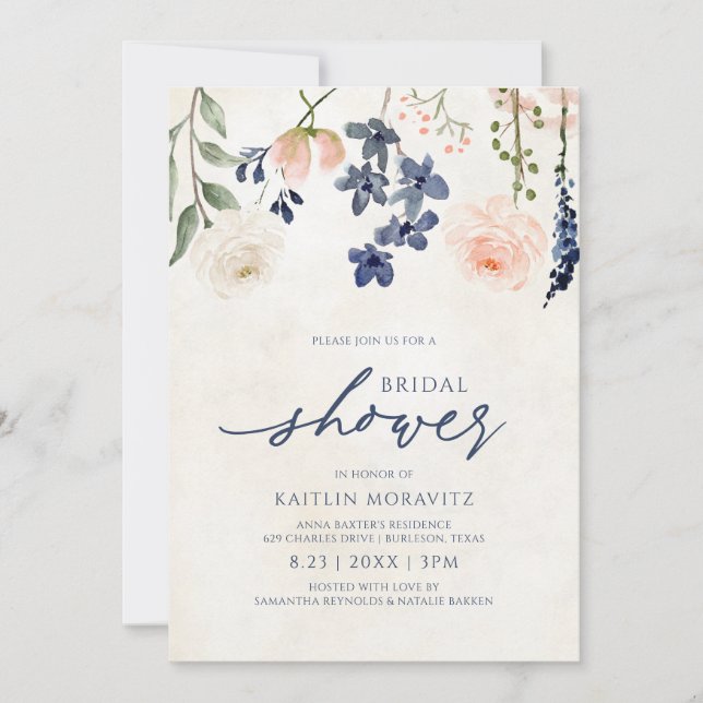 Invitation Mariage Peach & Blue Botanique Vintage (Devant)