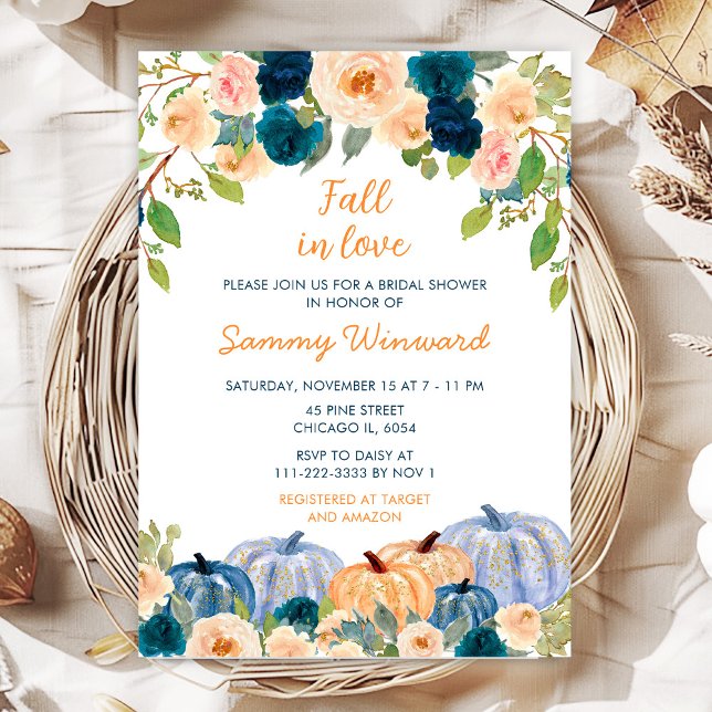 Invitation Mariage Peach et Citrouilles Bleu Marine (Créateur téléchargé)