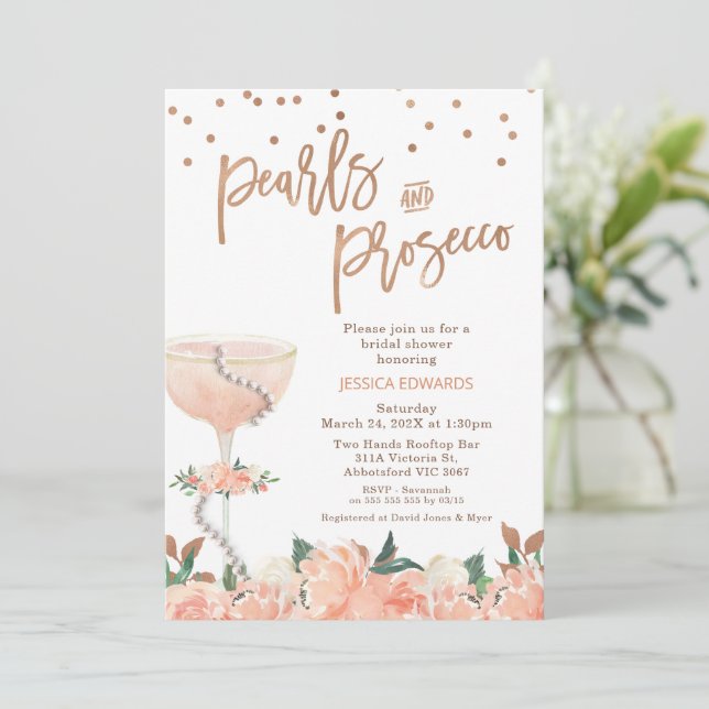 Invitation Mariage Peach Fleur Perles Prosecco  (Debout devant)