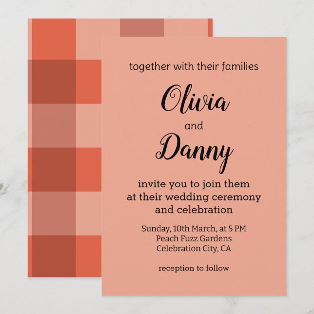 Invitation Mariage Peach Fuzz Orange Damier Peach Fuzz (Devant / Derrière)