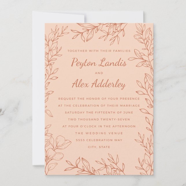 Invitation Mariage Peach Terracotta Ligne d'Art Botanique (Devant)