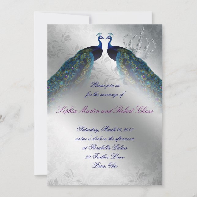Invitation Mariage Peacock Inviter Blue Silver Vintage Mod (Devant)