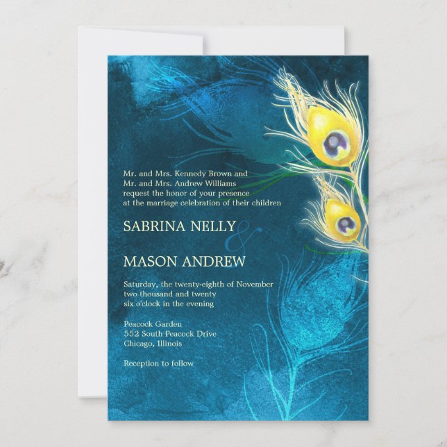 Invitation Mariage Peacock Rustique Bleu et Jaune (Devant)