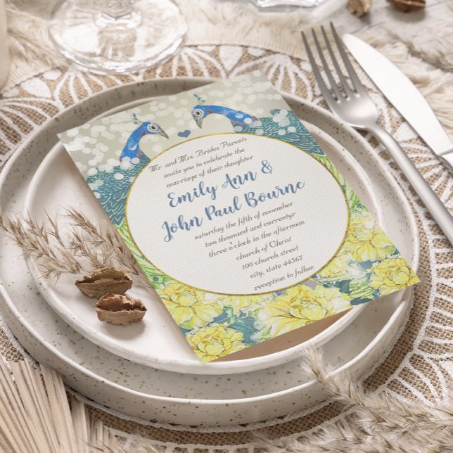 Invitation Mariage Peacock Vintage gris jaune et bleu (Créateur téléchargé)