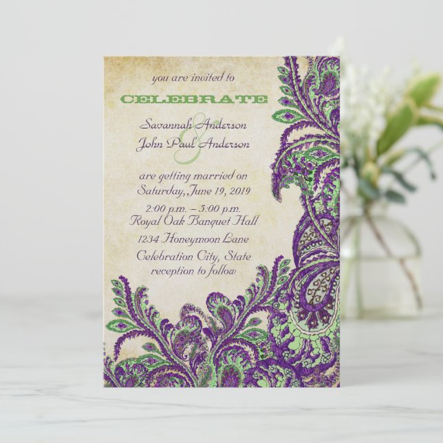 Invitation Mariage Peacock Vintage violet et vert Paisley (Debout devant)