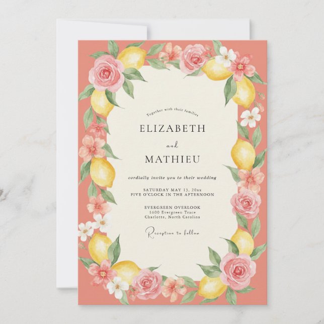 Invitation Mariage peint à la Corail Douce Citron (Devant)