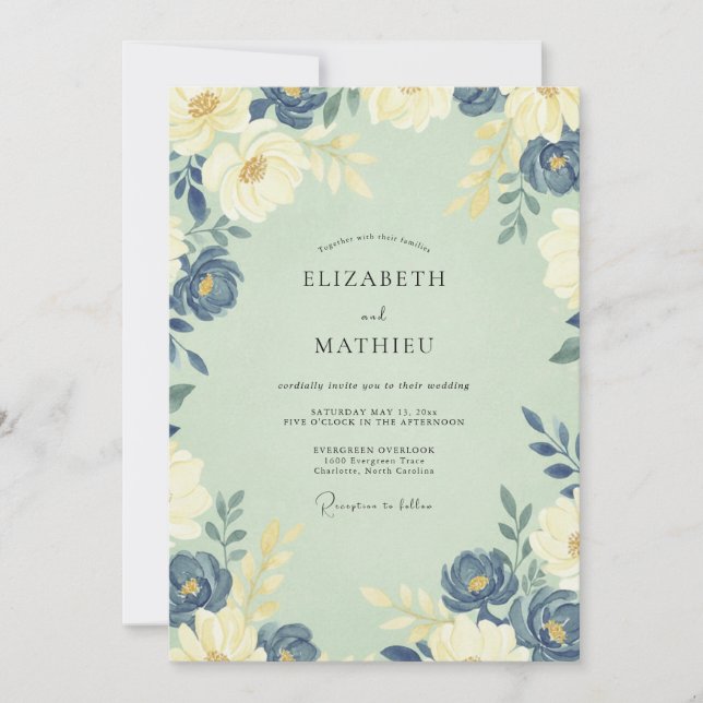 Invitation Mariage Peint à la Crème de Bleuet (Devant)