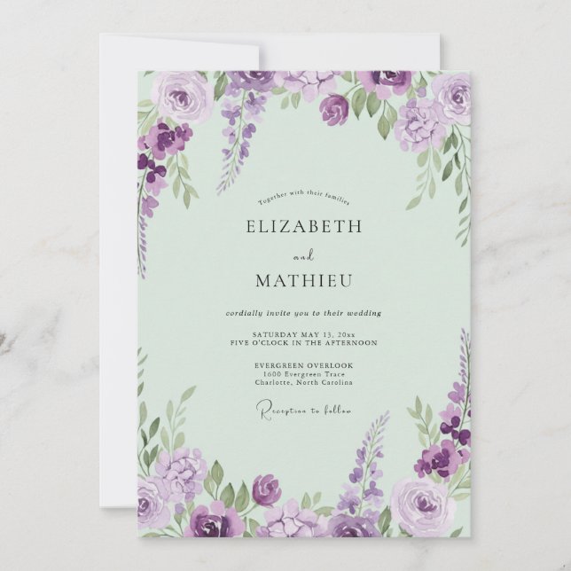 Invitation Mariage peint à la lavande mutée et au mint (Devant)