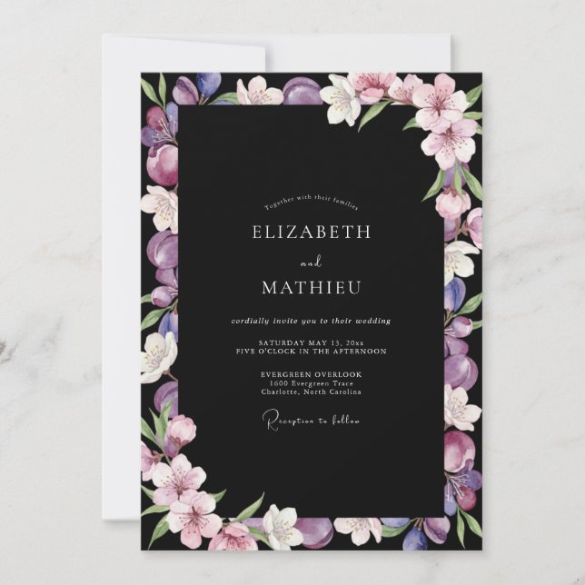 Invitation Mariage peint à la lavande noire (Devant)