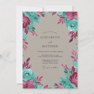 Invitation Mariage peint à la main aquarelle magenta